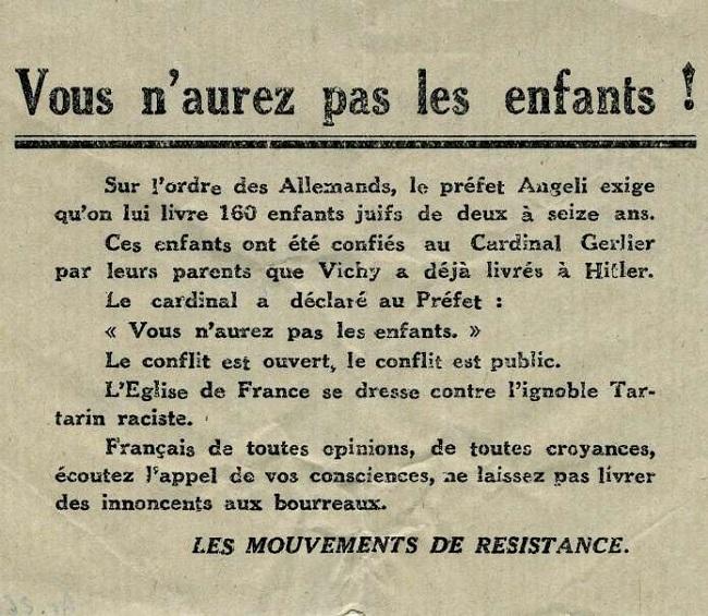 Tract de la Résistance suite à l'exfiltration fin août 1942 de 108 enfants juifs du camp de Vénissieux que les autorités de Vichy voulaient récupérer pour les livrer aux Allemands.&nbsp; 