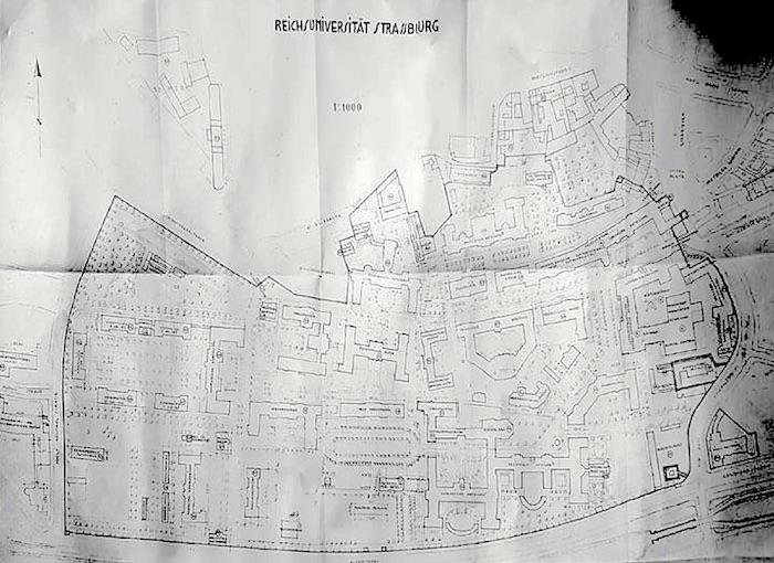 Carte de la "Reichsuniversität Straßburg" : les 6 bâtiments dans le coin gauche sont ceux de la "Kinderklinik".&nbsp; 