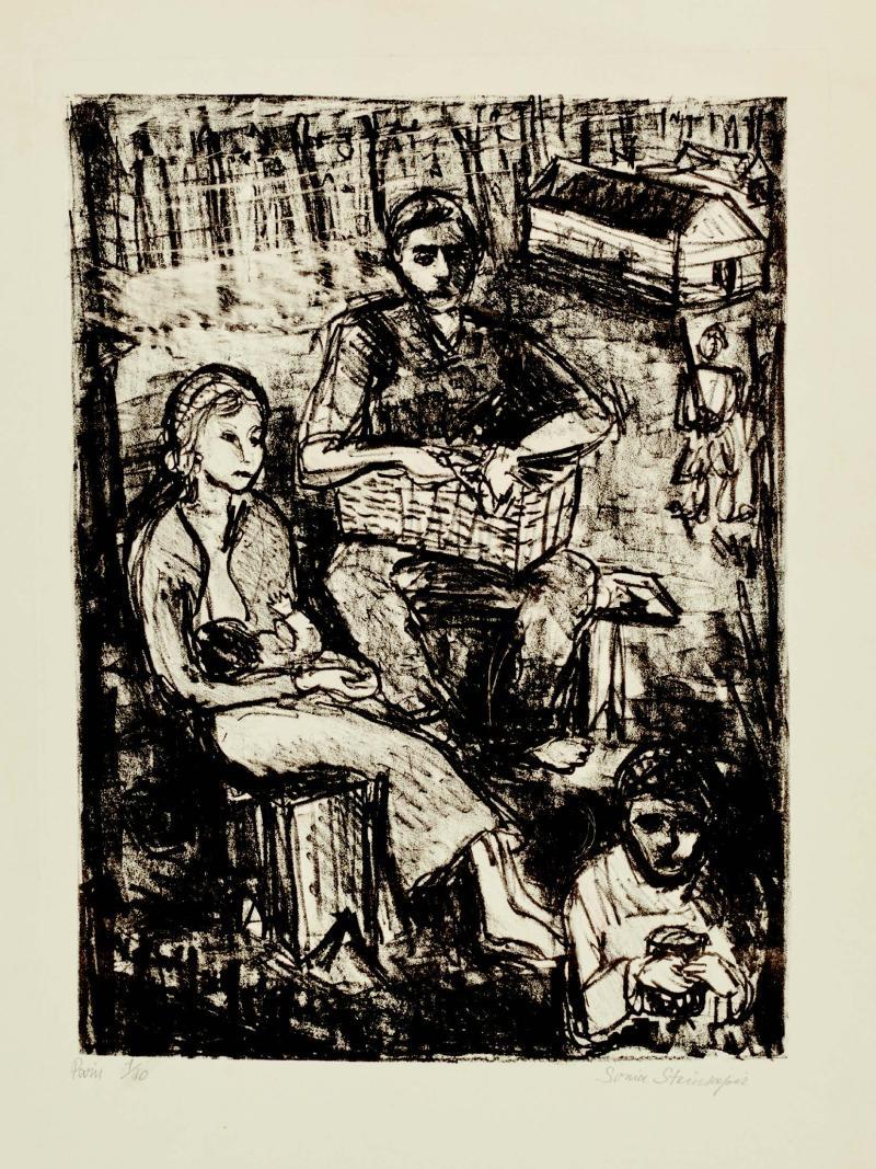 Sonia Steinsapir, Un Couple de Gitans au camp de Mérignac “Beaudésert”, 1942, estampe, mahJ, Paris